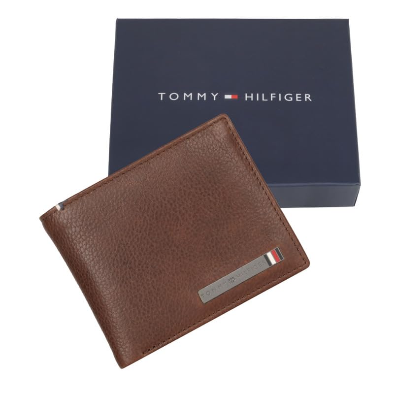 Image of Tommy Hilfiger Steuben Men Leather Global Coin Wallet - Brown | 4 Card Slots | 2 Compartments | 2 Pockets | Pebbled Textured Pattern | 6 Months Warranty