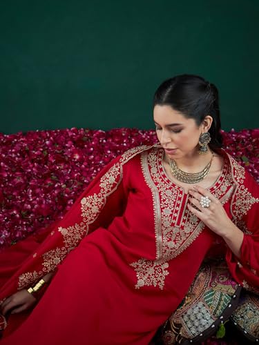 Image of INDO ERA Women's Embroidered Silk Blend Straight Kurta & Palazzo With Dupatta Set (RRRRR9584)