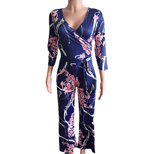 Lisa Colly Women Summer Floral Print Jumpsuit Casual Wide Leg Beach Jumpsuits Rompers (X-Large, Blue) #TOP2
