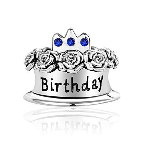 Image of Birthstones Happy Birthday Cake Charms Compatible with Pandora Charms Moments Bracelets Candle Crown Celebration Beads