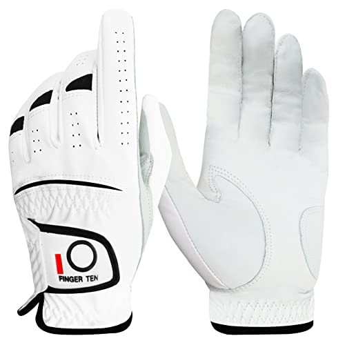 FINGER TEN Men's Golf Glove Men Left Right Hand Cabretta Leather Palm Breathable Comfortable Weathersof Grip Superior Fit Soft (Large