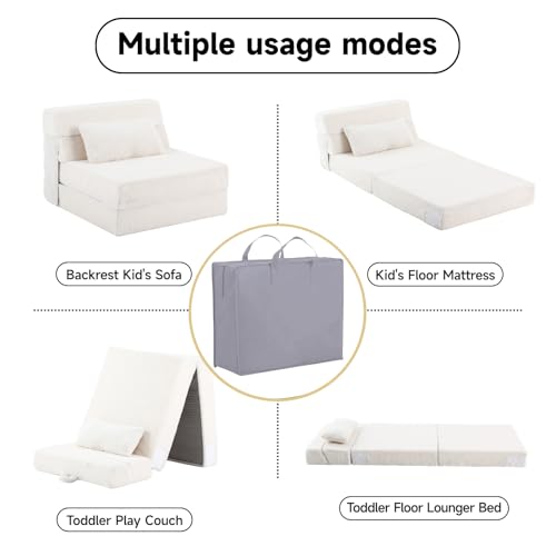 Image of Tiita Convertible Folding Kids Sofa Bed with Pillow & Storage Bag, Plush Fabric Floor Mattress Couch Bed, Washable Cover, Kids Room, Playroom, Dorm, Apartment, Beige