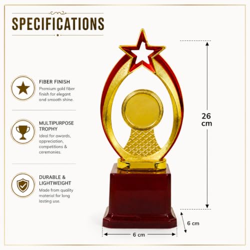 Image of High Star Trophy with Fiber Finish- 26cm, Customized Multipurpose Gold Winner Trophy for Events & Ceremonies, Best Events Trophy, Appreciation Gift (Size: 26cm x 6cm x 6cm)