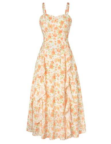 Image of Belle Poque Sun Dresses for Women Spring Summer Floral Midi Flowy Spaghetti Ruffle Wedding Guest Tea Party Dress