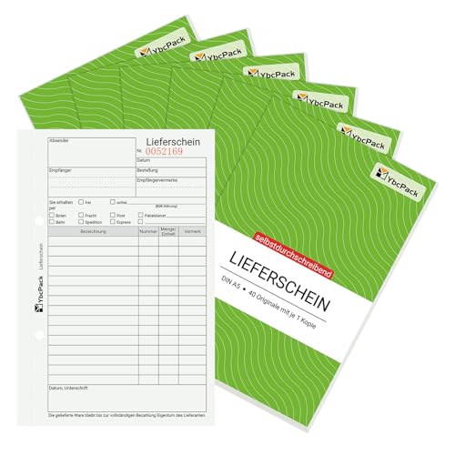YBCPACK 6er Set Lieferschein-Buch DIN A5 Selbstdurchschreibend 2×40 Blatt pro Block Lieferscheinblock mit farbigem Durchschlag für Büro Versand