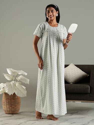 Image of 9shines Label Stylish Chikankari Cotton Nighty Maxi for Women | Full Length Nightgown | Nightdress with Pocket | Embroidery Nighty | Soft Comfortable Cotton Nightwear (1545)