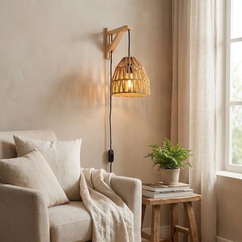 Alpinaluz Applique Murale E27 avec Prise et Interrupteur sur Câble, Base en Bois Naturel et Abat- Jour en Corde Tressée Ø17 cm, Style Naturel et Rustique, Chambre, Salon, Salle à Manger – vue 3