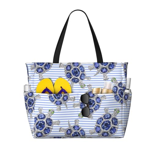 Waterproof Sandproof Beach Bag Turtle With Blue Stones Swim Large Tote Pool Bag For Women With Zipper