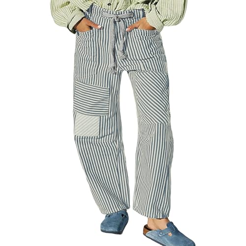 Women Y2k Striped Patchwork Pants Elastic Waist Drawstring Barrel Leg Pants Casual Loose Wide Leg Pant with Pockets