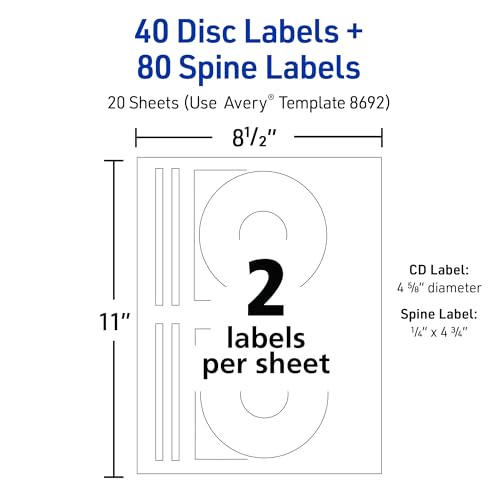 Image of Avery Printable CD Labels, Matte White, Permanent Adhesive for Inkjet Printers, Includes 40 CD & 80 Spine Sticker Labels to Write On (8692)
