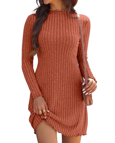 Oakgarden Womens Knit Long Sleeve Sweater Dress Lettuce Trim Mock Neck Tunic Dress Fall Winter Casual Trendy Outfits(Caramel,Large)