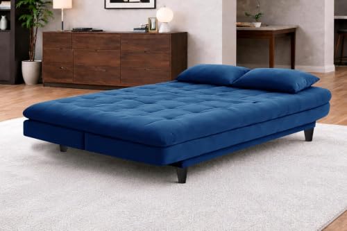 Image of Rosebell Modern Wooden 3-Seater Sofa Cum Bed Foldable Velevt Fabric Sofa for Living Room, Guest Room & Office-Blue-Color