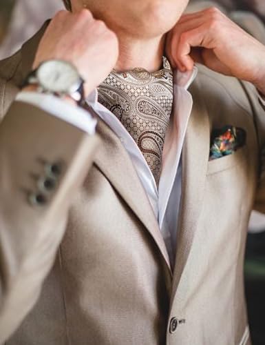 Image of Barry.Wang Ascot Ties Cravat Tie Men Paisley Plaid Scarf Self Tie Pocket Square Cufflinks Set Wedding Party