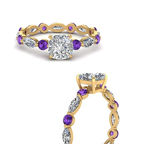 Image of 55Carat Choose Your Gemstone Marquise and Round Eternity Engagement Ring Yellow Gold Plated Cushion Shape Side Stone Engagement Rings Lightweight Office Wear Everyday Gift Jewelry US Size 4 to 12
