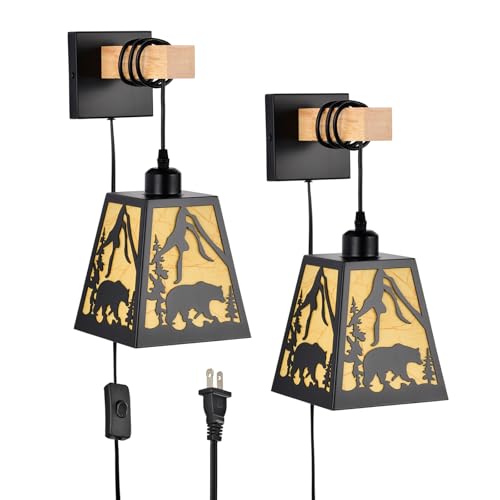 Image of Plug in Wall Light,Bear Metal Rustic Wall Sconces,Parchment Farmhouse Wall Sconces Set of Two,Black Industrial Wall Mounted Light,Wall Lamps for Bedroom,Living Room,Bedside,Indoor,Bathroom