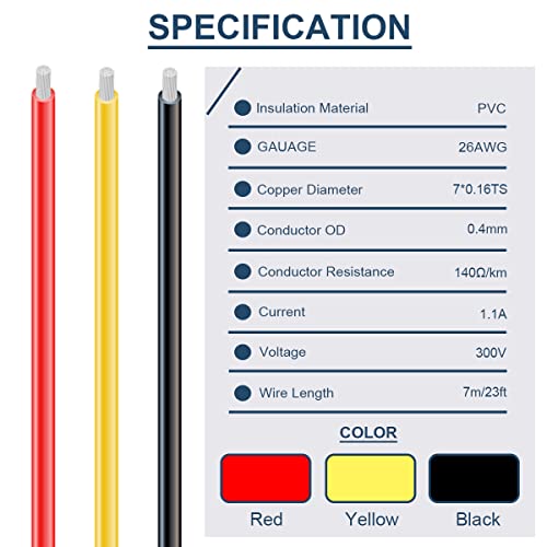 DAOKAI 26 Gauge PVC Electrical Wire 300V 26 AWG UL1007 Stranded Tinned Coated Copper Wires 3 Color (Black, Red - Image 2