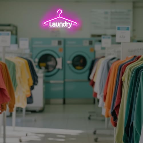 Image of Laundry Neon Sign Laundromat Led Neon Sign Washing Machine LED Light | USB Powered Neon Sign For Laundry Room Laundry Wall Art Laundry Room Decors 16.5 inchx9.1 inch, Pink+White
