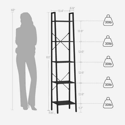 Image of Hzuaneri 5-Tier Ladder Shelf, Narrow Bookshelf, Corner Storage Shelves, Freestanding Bookcase with 2 Hooks for Home Office, Living Room, Kitchen, Bedroom, Industrial, Black BC03204B