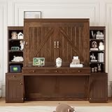 Merax Queen Size Murphy Bed with Desk and LED Lights, Power Outlet, Foldable Murphy Cabinet Bed with Open Storage Shelves & Drawers, Wood Space-Saving Hidden Wall Bed for Guest Room, Dark-Brown