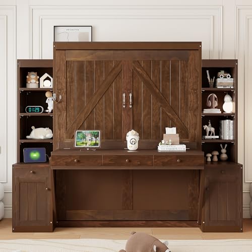 Image of Merax Queen Size Murphy Bed with Desk and LED Lights, Power Outlet, Foldable Murphy Cabinet Bed with Open Storage Shelves & Drawers, Wood Space-Saving Hidden Wall Bed for Guest Room, Dark-Brown