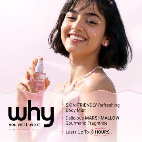 Image of Aqualogica Refresh+ Perfume Body Mist - Sugar Baddie Delicious Marshmallow Gourmand Fragrance | Lasts Up To 8 Hours | Skin-friendly & Non-Irritating | Double Duty Mist for Hair & Body | For Men & Women | 150 ml