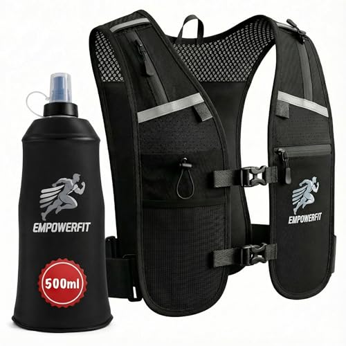 Running Vest with 500ml Water Bottle – Lightweight Reflective Hydration Vest for Men & Women, Adjustable Fit, Breathable Mesh, Secure Phone & Gel Pockets