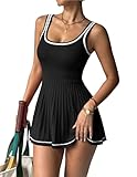 LOOKBOHO Women Square Neck Tennis Dress Pleated Sleeveless Knitted Golf Athletic Dress Pleated Workout Short Dress(BK,M) Black