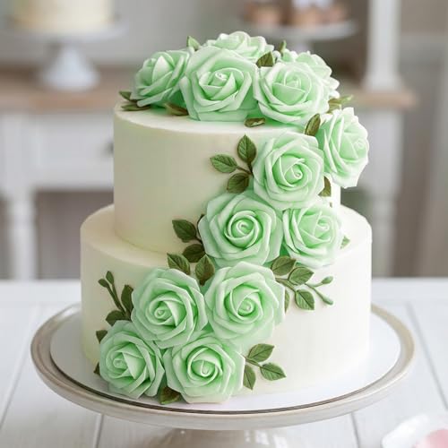 Image of 100Pcs Realistic Light Green Artificial Rose Flower Heads, Fake Light Green Foam Roses for DIY Wedding Decorations Baby Shower Centerpieces Home Party Valentine's Day Mother's Day Decor