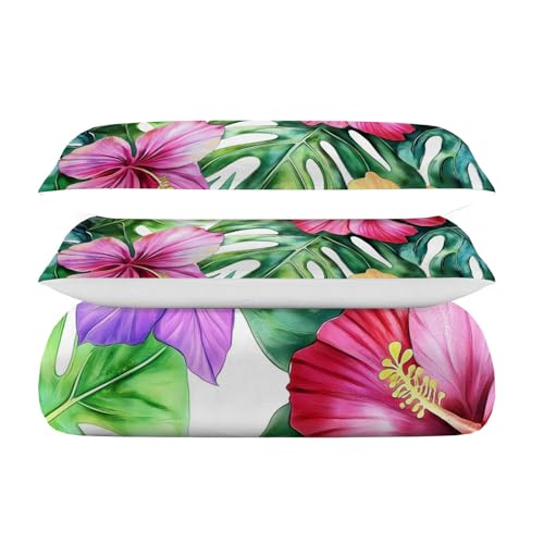 Housse de couette blanc vert fleurs d'hibiscus en microfibre haut de gamme
