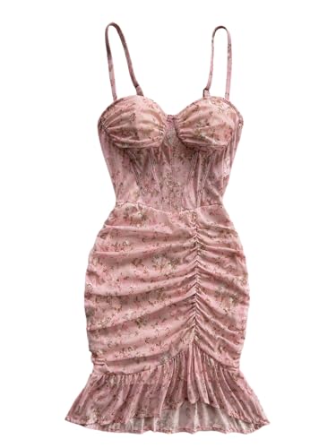 Verdusa Women's Floral Ruched Bodycon Dresses Ruffle Sleeveless Cami Mini Dress Brunch Outfits Pink Medium