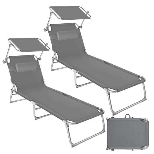 TecTake® Set de 2 Tumbonas Jardín Exterior con Parasol y Respaldo Regulables, Tumbona Plegable con Reposacabezas, Tumbona Playa Resistente a la Intemperie, Tumbona Piscina Carga Máx. 110 kg - Gris
