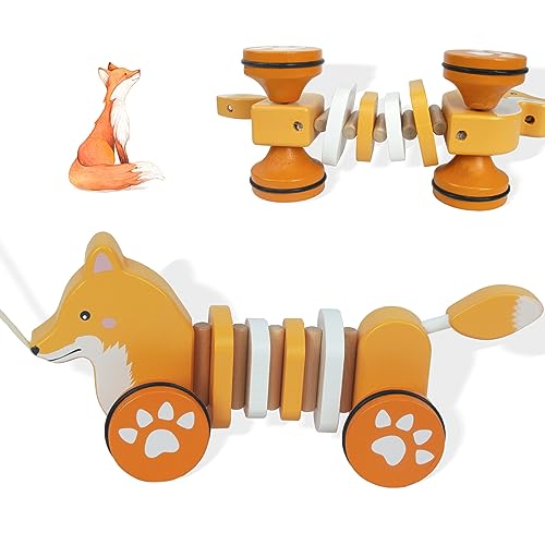 Image of Baby Toys Car,Wooden Pull Along Toddler Toy, Developmental Toy for 1 Year Old Girl Boy Birthday Gift (Fox)