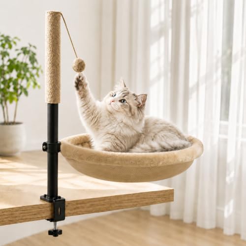 Cat Desk Bed with Scratching Post - Adjustable Height & 360 Rotation Reversible Machine Washable Cover Space-Saving Clamp-On Design for Office Desks Sturdy Support for Indoor Cats (Camel)