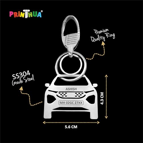 Image of PRINTHUA Personalized Stainless Steel Car Keychain - Customize Your Car Number Plate on Car Model Keychain, Gift for Car Lovers, Family Members & Loved Ones, Silver