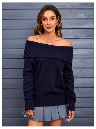 Image of MakeMeChic Women's Long Sleeve Sweater Off The Shoulder Rib Knitted Tops Loose Knitwear Blue Medium