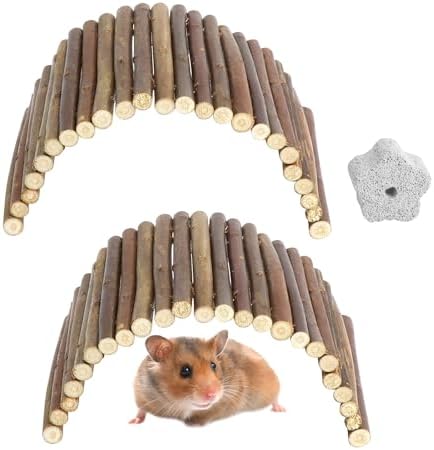 2 Juguetes para Hamster en Madera Natural, Juguetes para Masticar y Accesorios para Jaula, Puente y Túnel Flexible para Hamster, Conejos y Pequeñas Mascotas