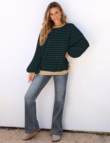 Image of UEU Women Oversized Striped Crewneck Sweatshirt Long Sleeve Color Block Pullover Tops Casual Loose Workout Shirt