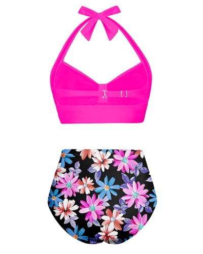 Image of Holipick Women High Waisted Bikini Set Two Piece Swimsuit Tummy Control Bathing Suit Vintage Halter Swimwear