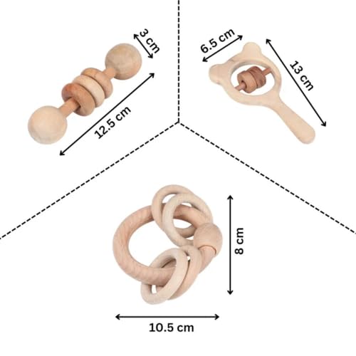 Image of Babbles Wooden Rattle Set for Babies 0-6 Months | 6-12 Months, Baby Toys for Sensory Development, Newborn Baby Gift Set (Ring+Dumbbell+Rolling+Micky Head)