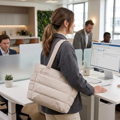 Image of Quilted Puffy Tote Bag for Women | Large Capacity | Soft Nylon Padded Design | Lightweight & Spacious | Ideal for Work, Travel, Shopping (Biege)
