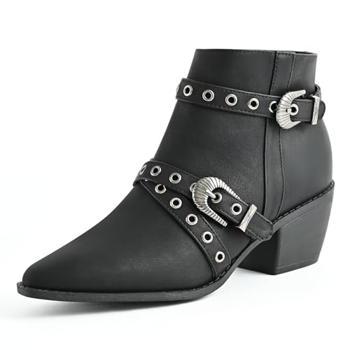 Ankle Boots for Women Chunky heels Booties with Side Zipper Eyelet Straps Almond Toe Short Boots,Black