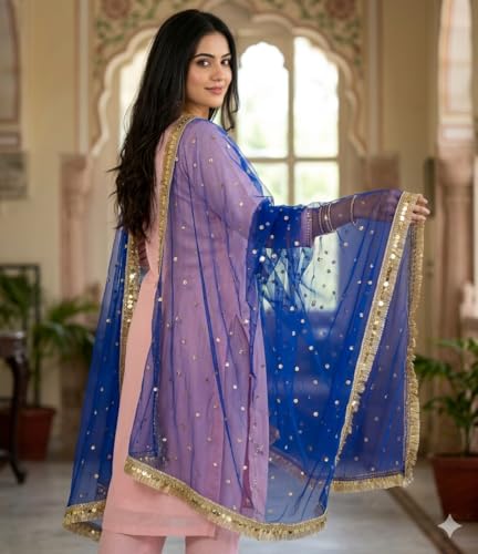 Image of Navti Creations Women's Lightweight Net Dupatta With Sequence Embroidery & Kiran Border (Length 2.25m)