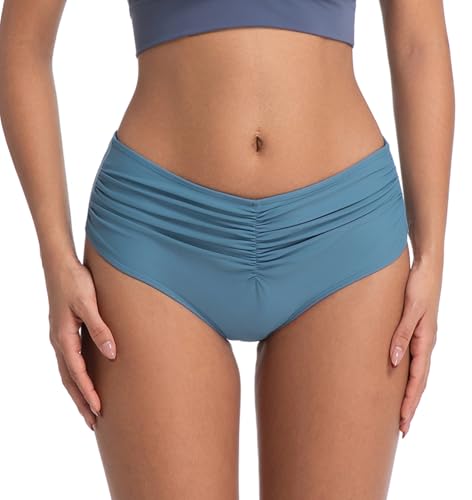 COCOPEAR Mid Rise Bathing Suit Bottoms for Women Ruched Tummy Control Swim Bottoms Full Coverage Bikini Bottoms for Women Cornflower Blue XS