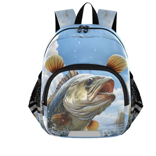 XUWU Bass Fish Kids Backpack with Ears Reflective Strip for Boys Girls Elementary School Bag Removable Chest Strap