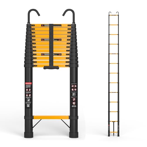16.5 FT Telescoping Ladder with Hooks, Aluminum Extension Ladder, 330 lbs Load Capacity, Multi-Purpose Collapsible Ladder for Home and Work; Yellow