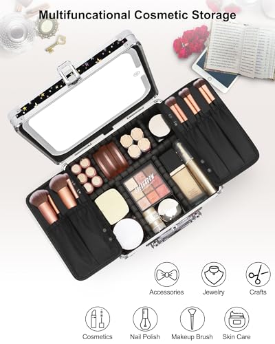 Image of Relavel Makeup Bag with LED Mirror, Makeup Box Travel Train Case with Rechargeable Lighted Mirror, Cosmetic Brush Organizer Storage for Makeup Artists Gifts for Women and Girls (Black Star, Small)