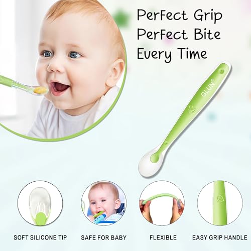 Image of GLUN Baby Feeding Spoons Pack of 2 Green & Blue Colour, BPA Free, Feeding for Baby, Toddlers, & Children, Silicone Spoon