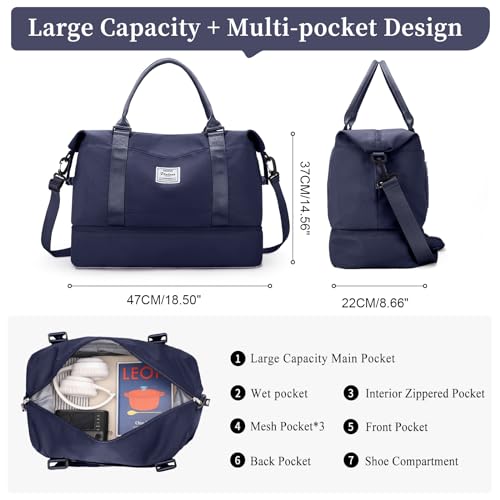 SYCNB Weekender Bags for Women, Personal Item Travel Bag with Shoes Compartment, Overnight Travel Duffel Bag with Wet Pocket & Trolley Sleeve,Gym Bag,Navy Blue4