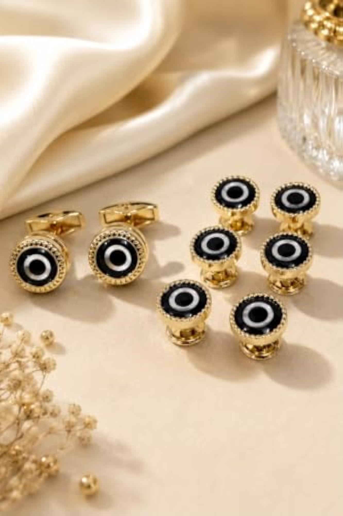 Men's Cufflinks and Shirt Studs Set, Gold Tone, Black Stone