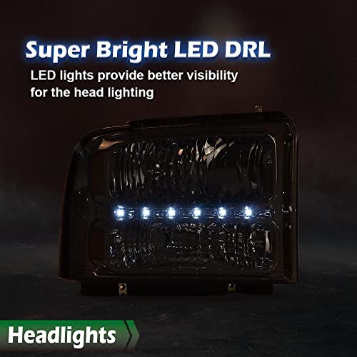 Image of GRAND ORANGE LED DRL Headlights Assembly, Compatible with 2005 2006 2007 Ford F250 F350 F450 F550 Super Duty bumper Headlamp, Amber Corner Headlight(Smoky lens Chrome Housing Amber Reflector)